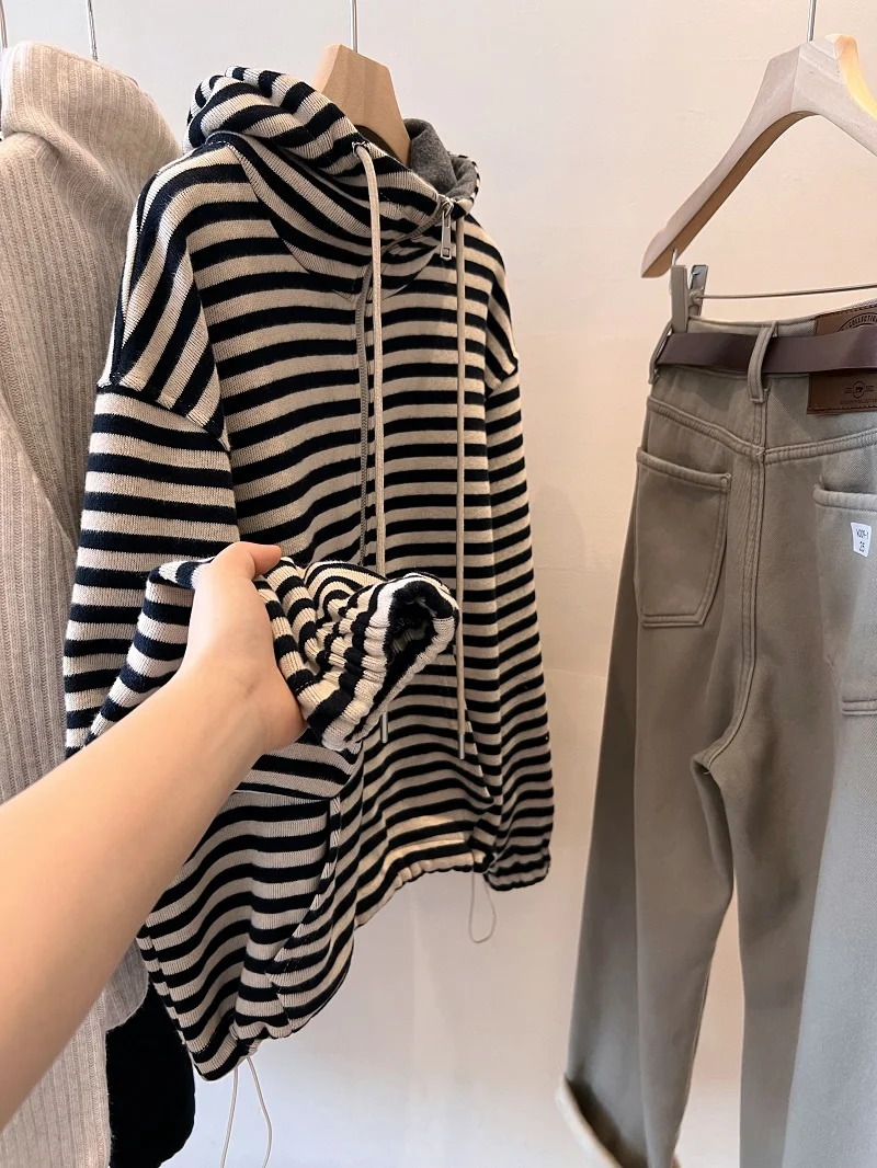 

Thickened Hooded Fleece Sweatshirt Women's Long Sleeve Casual Top Half Zipper Striped Lazy Style Commute Korean Fashion