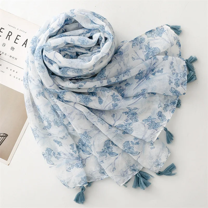 KYQIAO Winter Scarves for Women Long Blue Printed Neck Scarf Luxury Women's Scarf Muslim Hijabs Elegant Women's Shawls