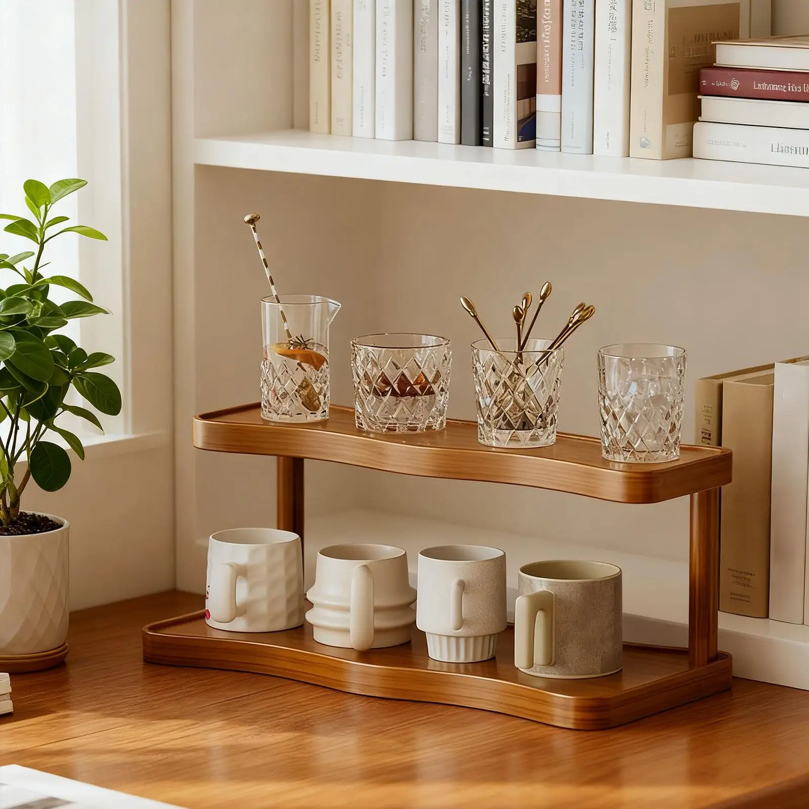 Wooden Display Riser Stand Cup Holder 2 Layer Multipurpose Gift Wooden Perfume Stand for Cosmetic Items Dresser Home Bedroom