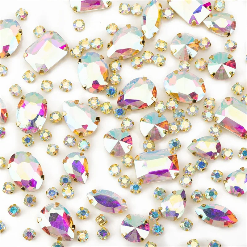 130pcs Mixed Shape Glass Sew On Rhinestone Gold Claw Strass Diamond Stones For Diy Shoes Clothing Decoration Making Jewelry