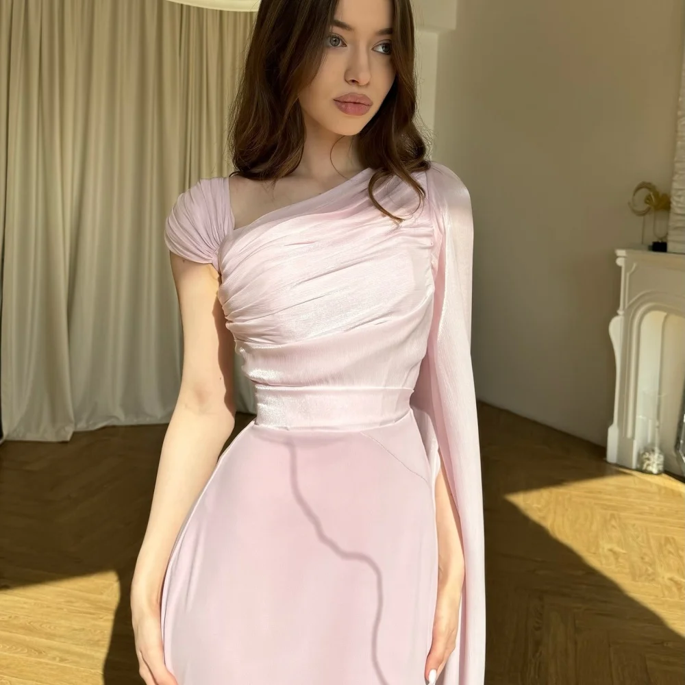 Bella Customized Pink Slanted Shoulders Frenulum robes de soirée Pearl Chiffon Evening Dresses One Shoulder Wedding Dress 2024