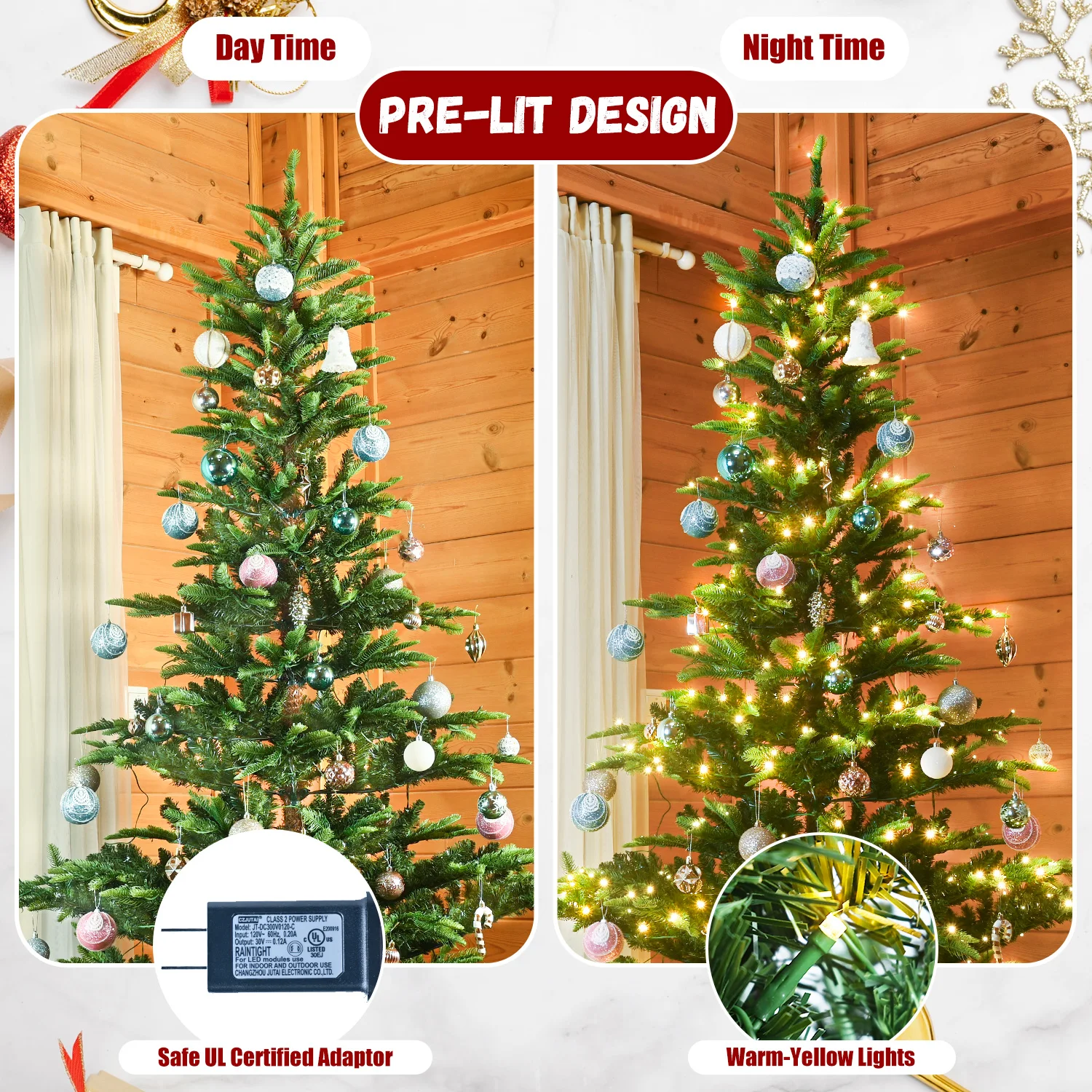 8ft Pre-Lit Aspen Fir Artificial Christmas Tree, Layered Christmas Tree , Noble Holiday Decor with 1276 PE & PVC Mixed Branch Ti