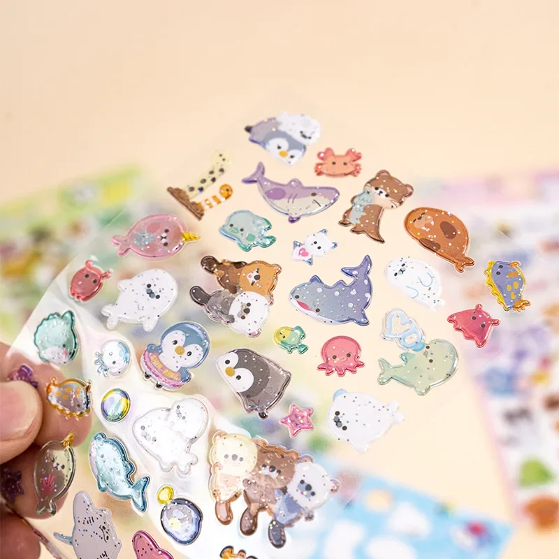 1pc Kawaii Glittering 3D Sushi Sea Animals Vehicles Stickers Scrapbooking Diy Journal Stationery Sticker Gift Deco Art