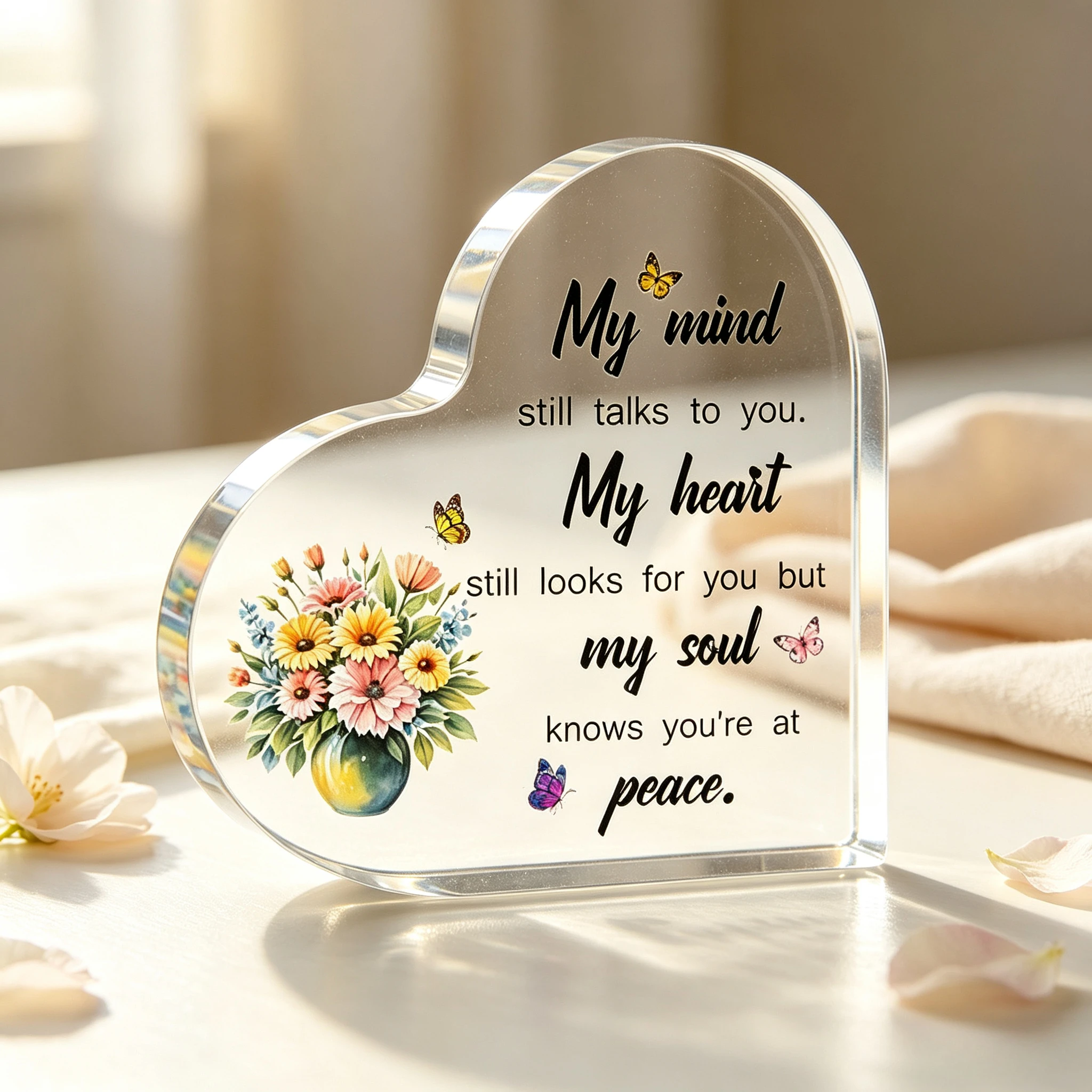 My Mind Still Talks To You Heart‑Shaped Acrylic Tabletop Plaque, Floral Vase Butterfly Memorial Desktop Decor