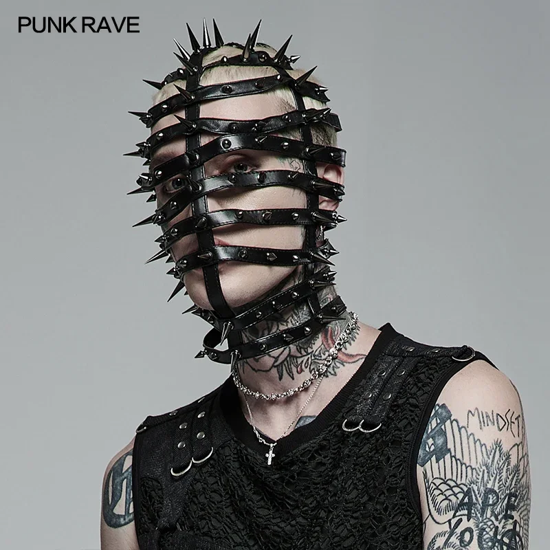 PUNK RAVE Men\'s Punk Pointed Cone Head Cover Strong Visual Impact Gothic Performance Cosplay Costumes Metal Rivet Hats Accessory