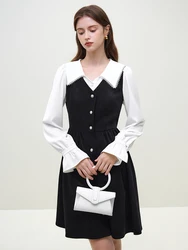 FSLE Turn-down Collar Women Black White Patchwork Design Knee-Length Dresses Puff Sleeve Sweet Female A-LINE Dress