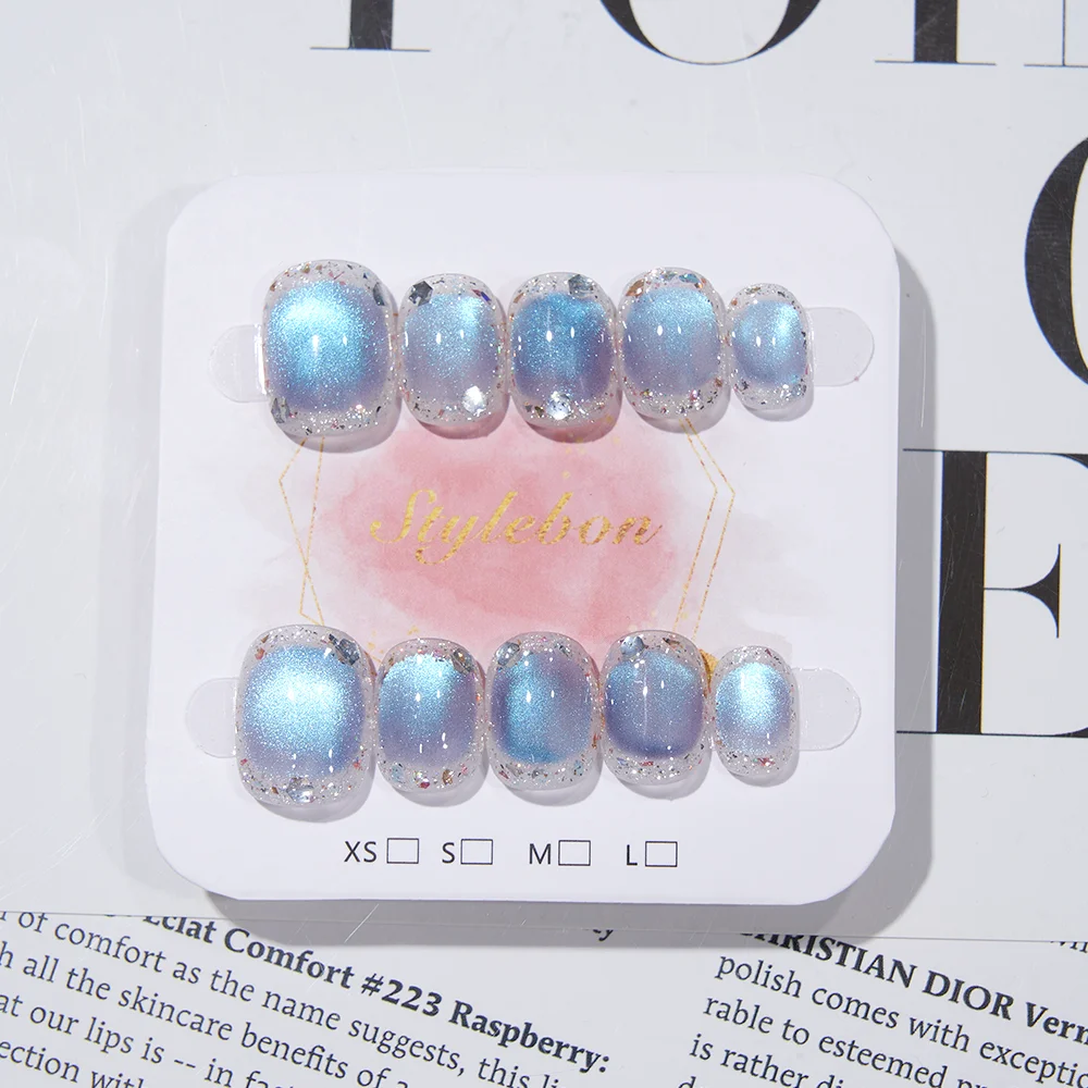 10pcs Handmade Press on Nails Blue Flash Cat's Eye Full Coverage Nail for Women&Girl Short Bean Removable Wearable Nail Art