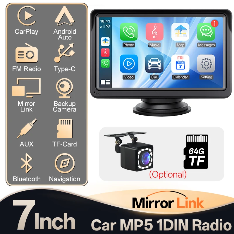 Autoradio portable Hippcron, moniteur de voiture, CarPlay sans fil, Android Auto, écran tactile 7 pouces, prise en charge de la caméra, TF, Aux, Mirrorlink