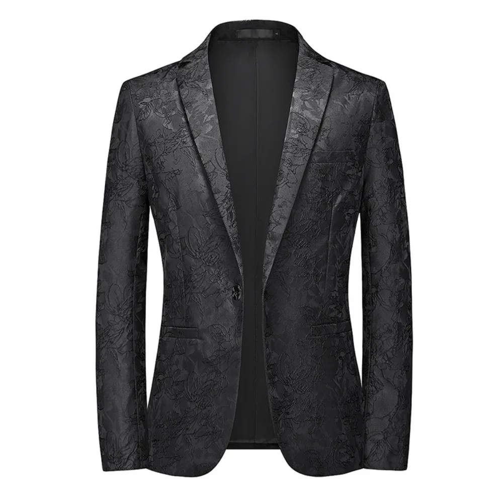 

Men's Stylish Black Floral Patterned Suit Jacket - Single-Breasted Slim Fit Blazer for Formal Occasions