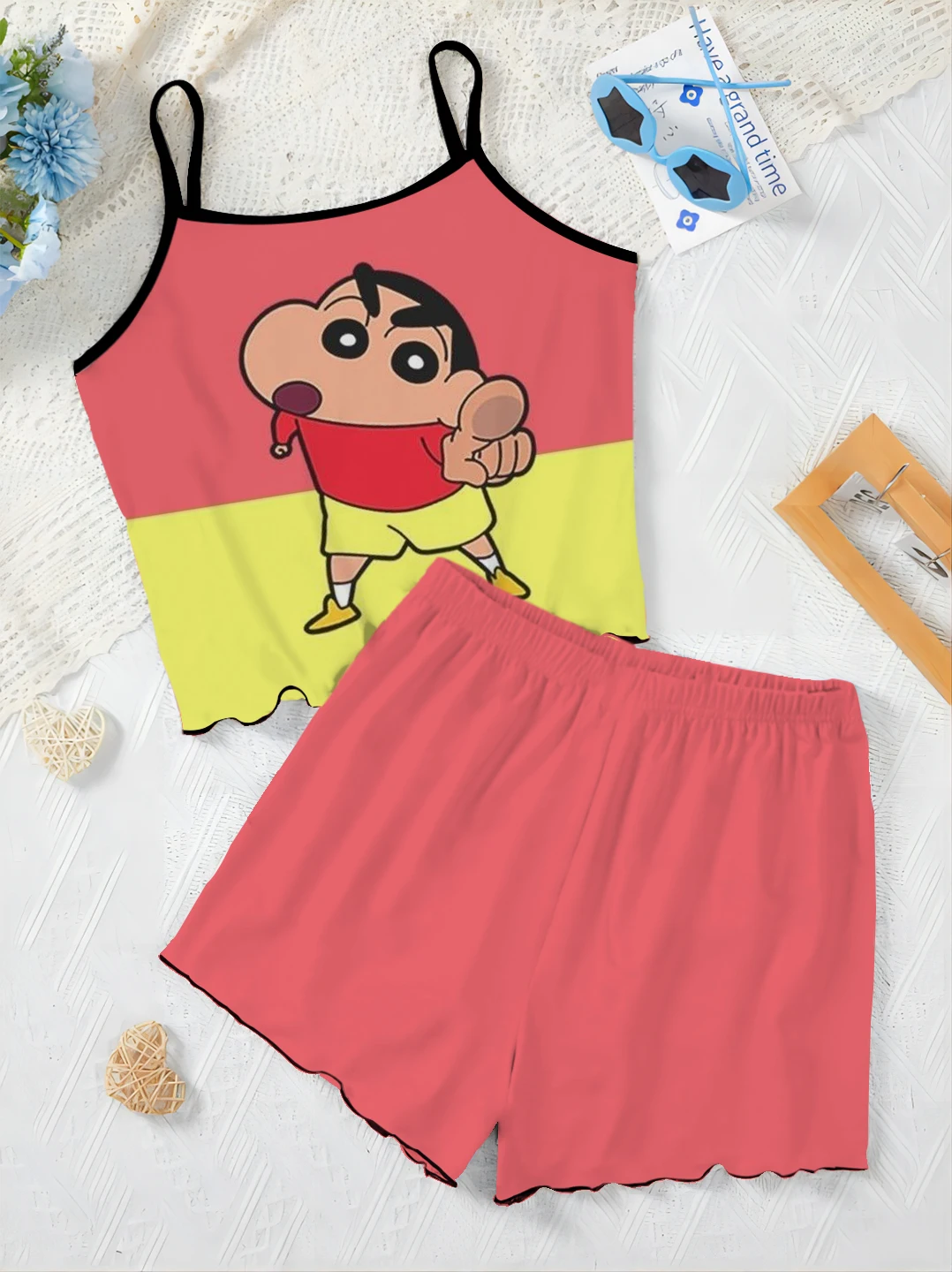 Crayon Shin-chan Women's Suit T-shirt Lettuce Trim Slip Dress Satin Surface Short Sets Pajama Skirt Top Pieces Elegant Home Top