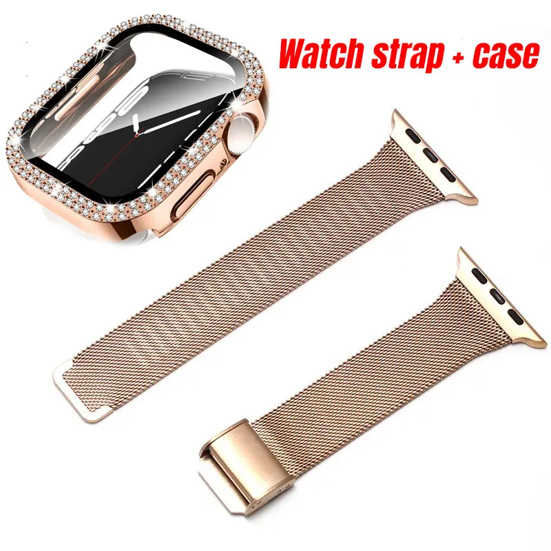 

Чехол с бриллиантами в стиле поп + миланский ремешок для Apple Watch, ремешок 44 мм, 40 мм, 41 мм, 45 мм, тонкая металлическая петля, браслет IWatch Series 9 8 7 6 5
