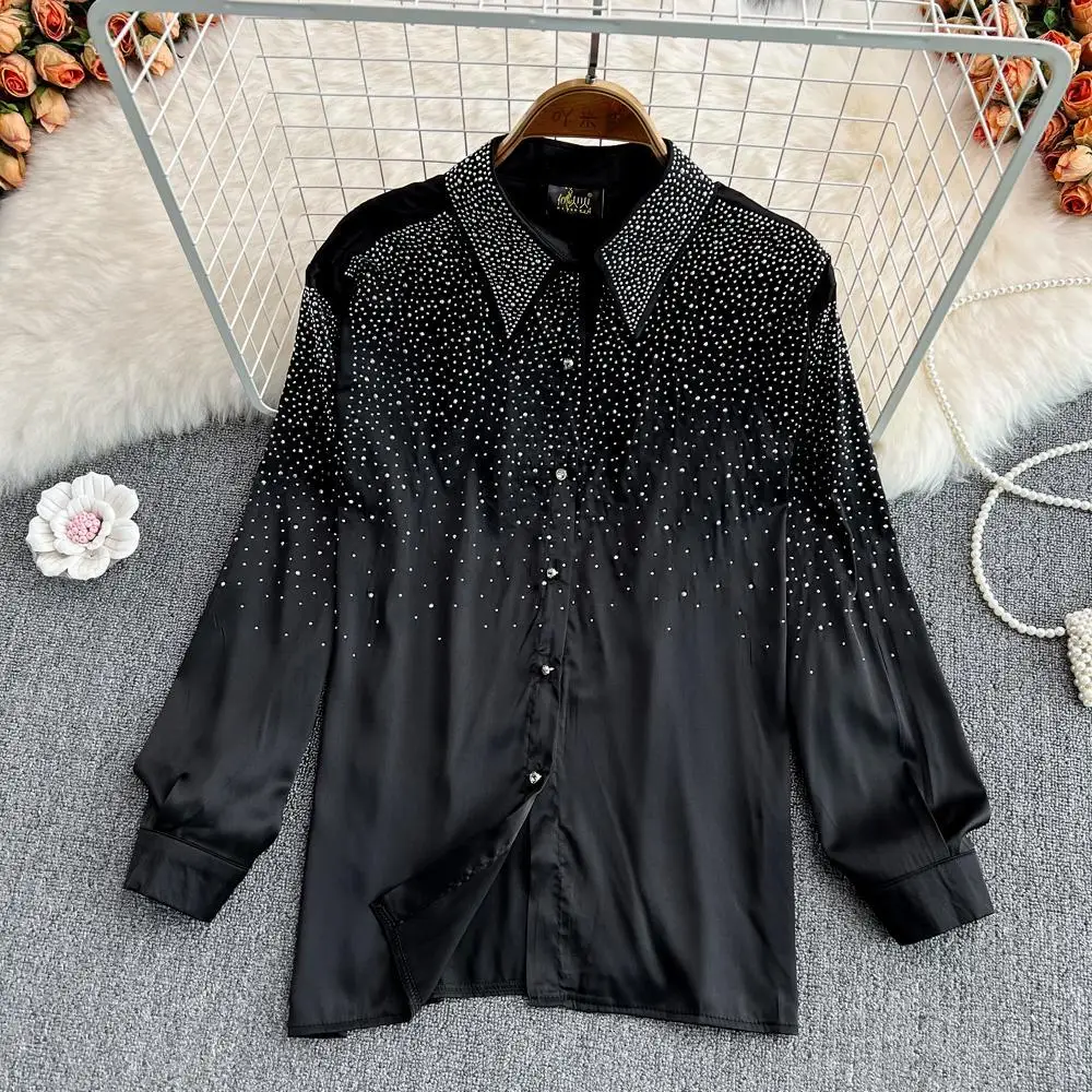 Women Hot Drilling Diamonds Satin Shirts Thin Beaded Chiffon Blouses OL Single-breasted Sequined Cardigan Faux Silk Tops Blusas