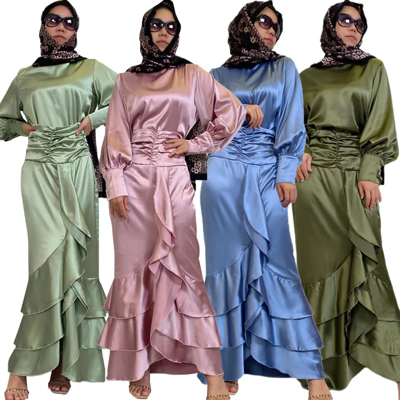 

New Desgin Satin Dresses Ruffle Pleated Abaya Dubai Muslim Dress Luxury High Class Islamic Clothing Sets Woman 2 Pieces Turkey