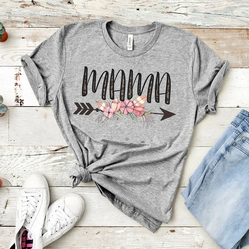 2024 Cotton Summer Women Casual Tops Floral Mama Shirt Trendy Arrows Boho T-Shirt Leopard Mama Shirts Cute Momlife Tee y2k top