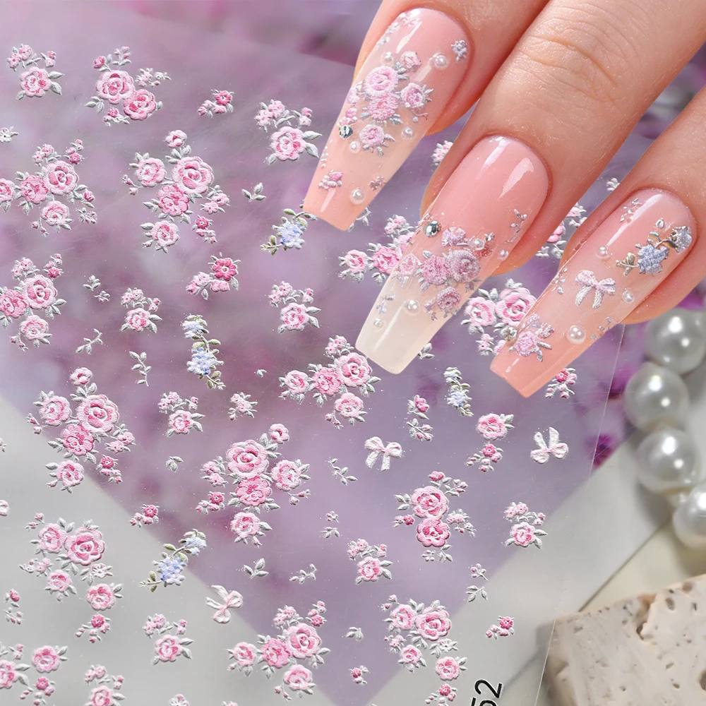 

Pink Rose Nail Art Stickers 5D Embossed Rose Floral Nail Decal Self-Adhesive Pink White Ink-Blended Flower Bow Manicure Decal