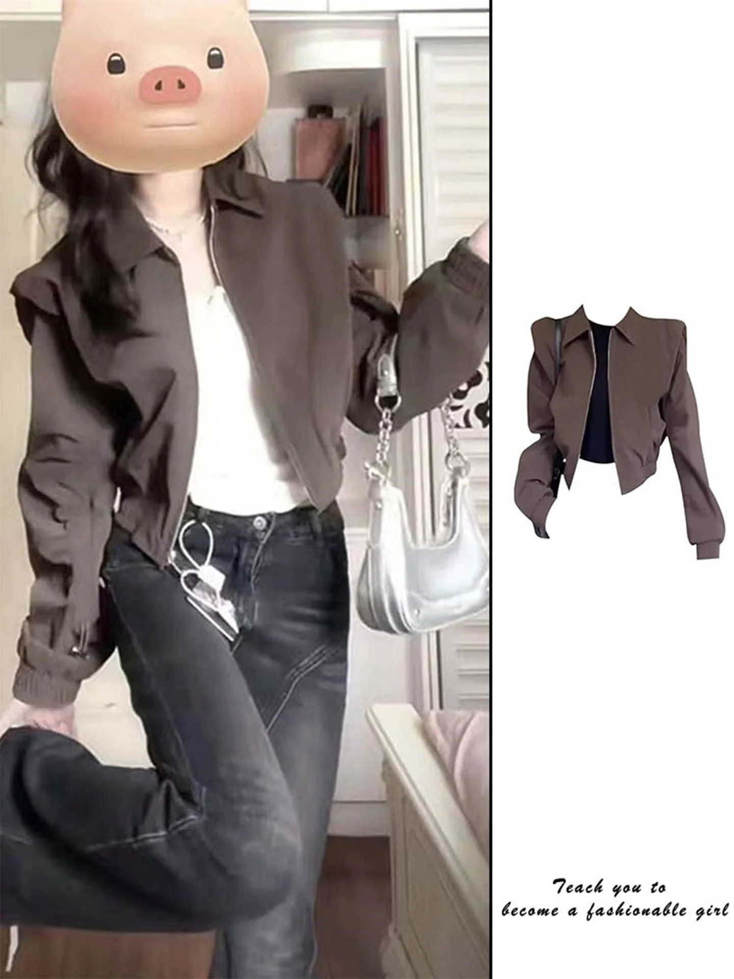 Jaqueta Fena Curta de Couro Marrom Estilo Beisebol com Ombro Acolchoado para o Início do Outono, Qualidade Superior, Moda...