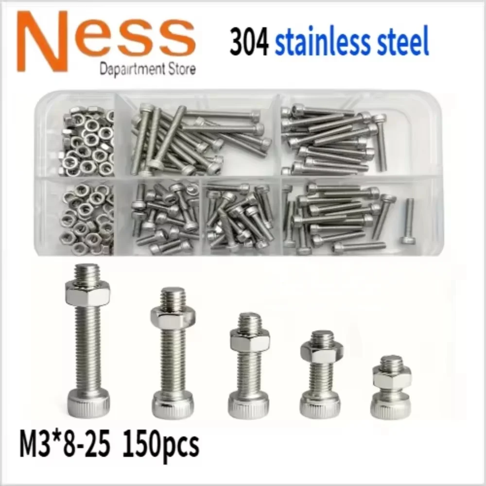 

150pcs/box Hex Head 304 Stainless Steel M3 Screw And Nut Set Hexagon Socket Screws Bolts Nuts For Small DIY Repair Projects