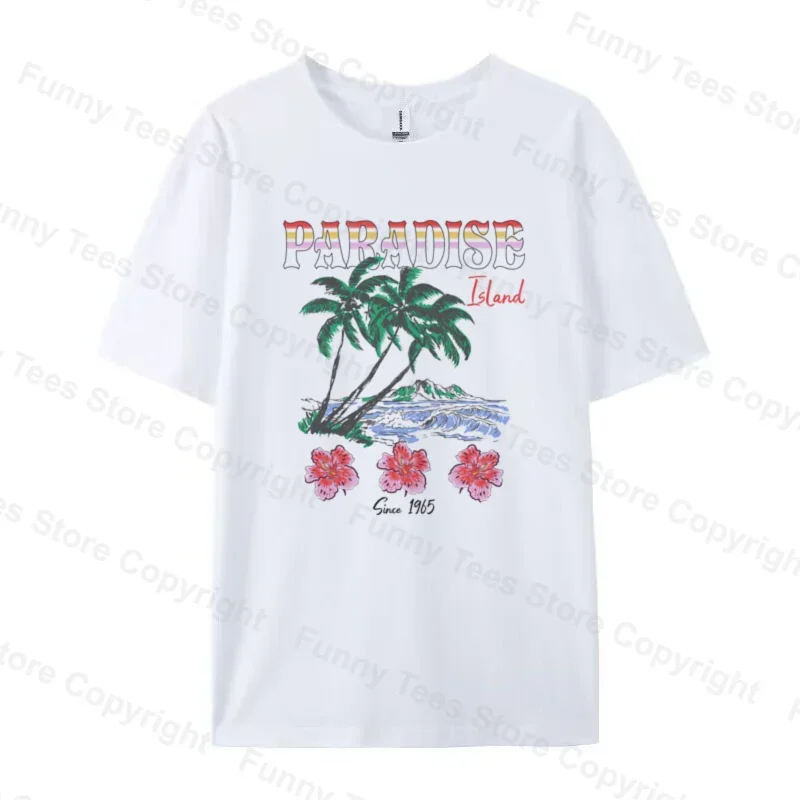 Summer Retro Paradise Island Graphic Tees Women Tropical Beach T Shirt Hibiscus Flower Palm Tree T-Shirt Oversized Vacation Tops
