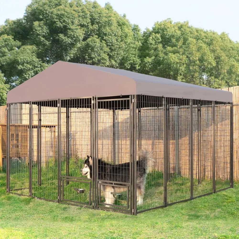 10'x 10'x 7.5 'outdoor large dog cage with feeding door, upgraded canopy, heavy-duty dog cage, powder coated steel frame