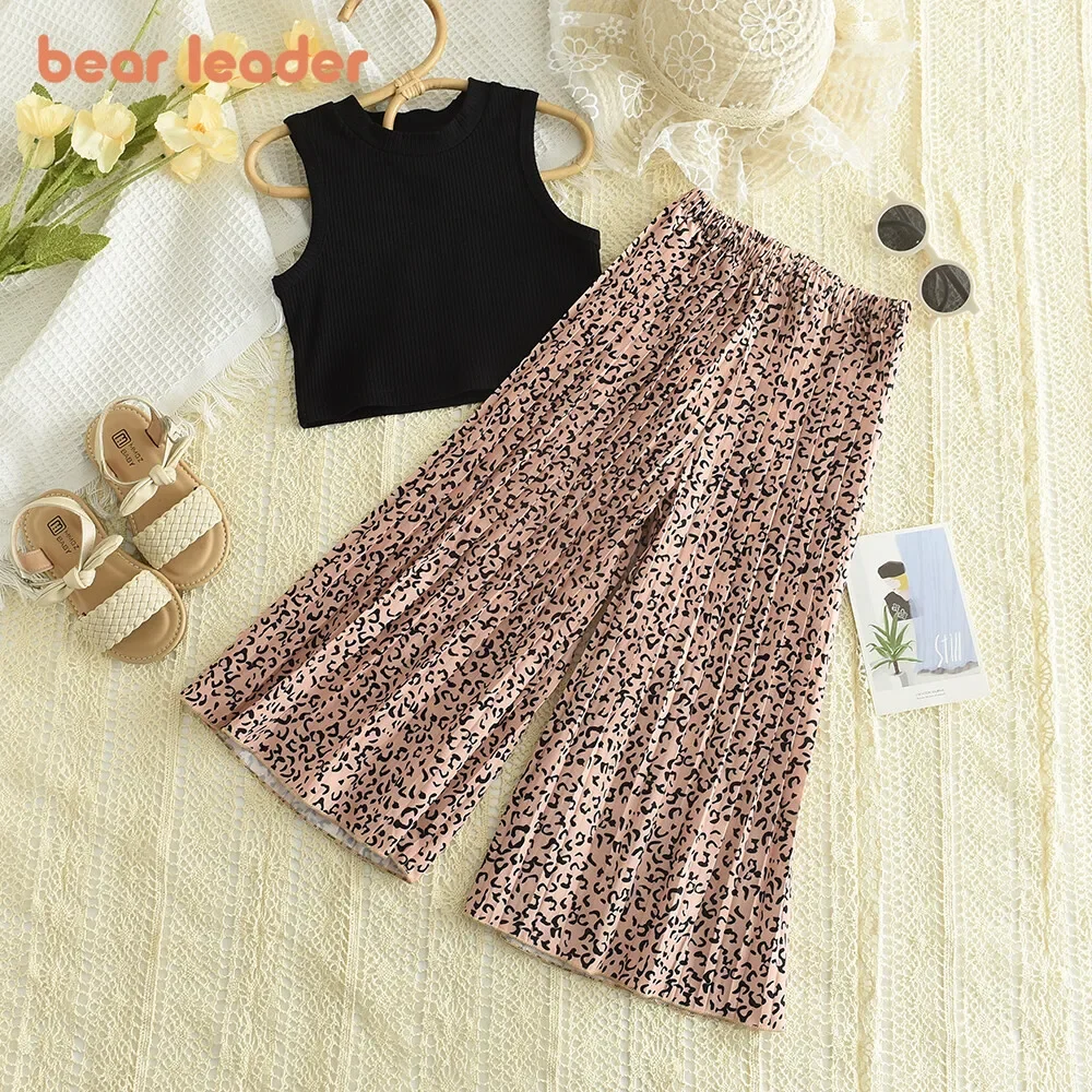 Bear Leader Summer Solid Color Vest Tops and Leopard Pleated Wide Leg Pants Sets Kids Girls Casual Clothes 2PCS 3-7 Years Old