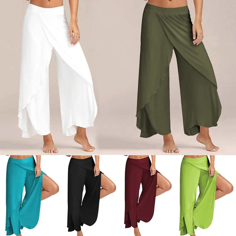 

Yoga Pants For Women Fashion Solid Color Ruffled Split Loose Trousers Lightweight Breathable Large Size Wide Leg Casual Pants