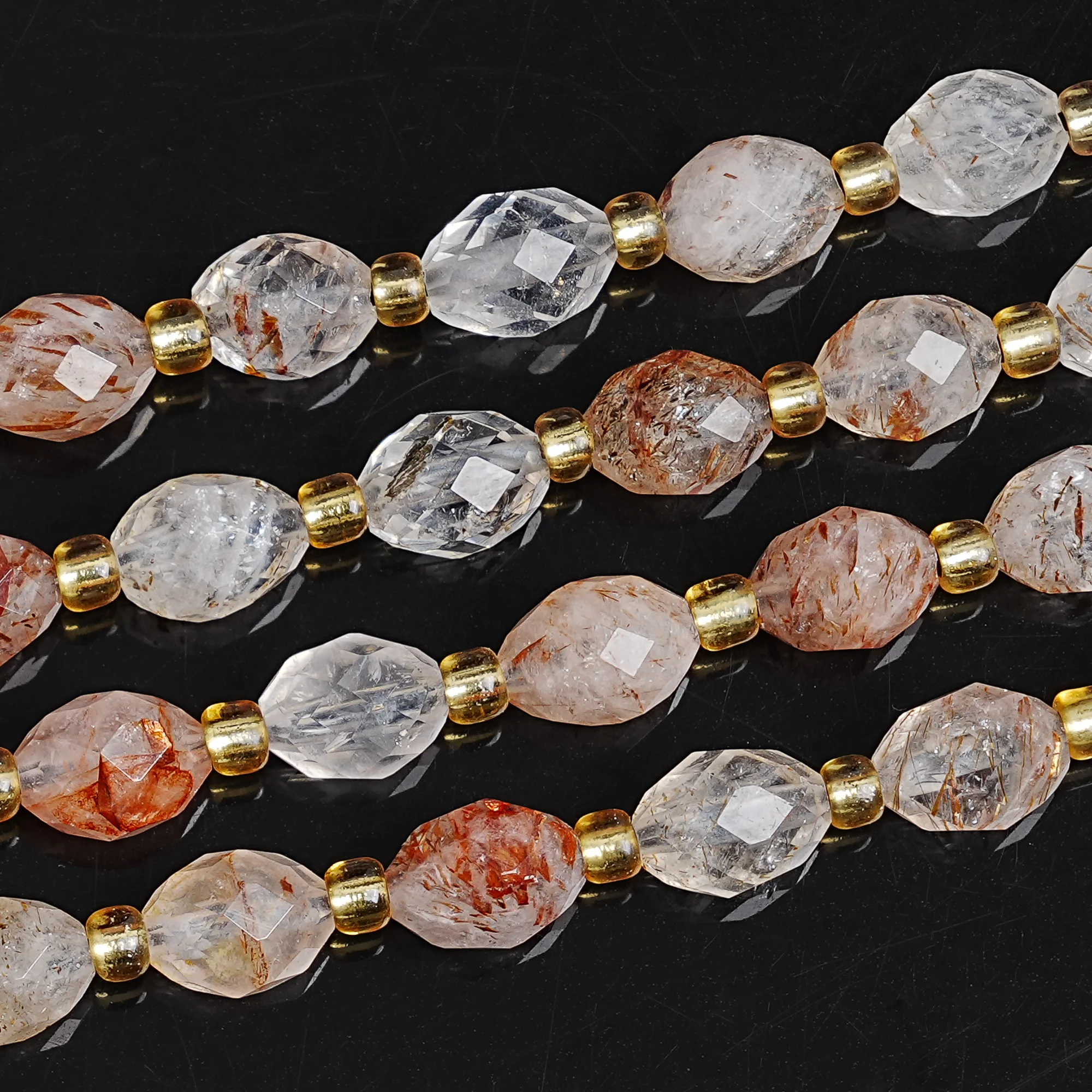 

Natural Faceted Black Gold Super Seven Beads 8mm Clear with Red Inclusions Rhombus Cut Loose Beads for Jewelry Making DIY