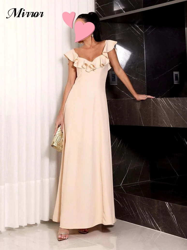 

Mirror Dress Elegant Vintage Simple Beige Ruffle Spring A-Line Customize Formal Occasion Prom Dress Evening Party Gowns