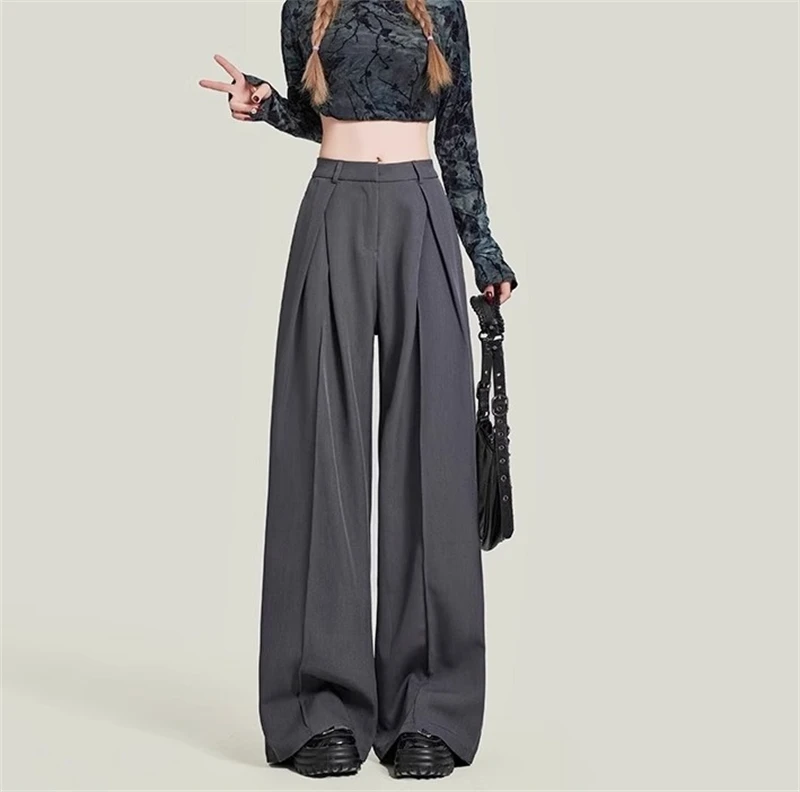 Damen Grau Baggy Anzüge Hosen Vintage Y2k Hosen Harajuku Ästhetische Büro Damen Hohe Taille Hose Mode 2000er Jahre Kleidung 2024 – Detail 3