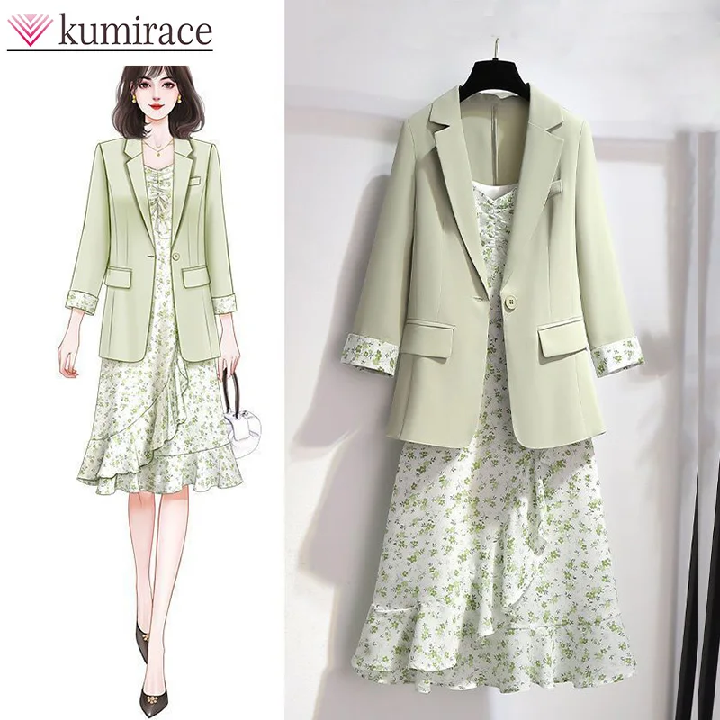 2024 Early Spring New Korean Version Suit Jacket with Floral Suspender Dress, Fashionable Two-piece Set for Women Dress Sets