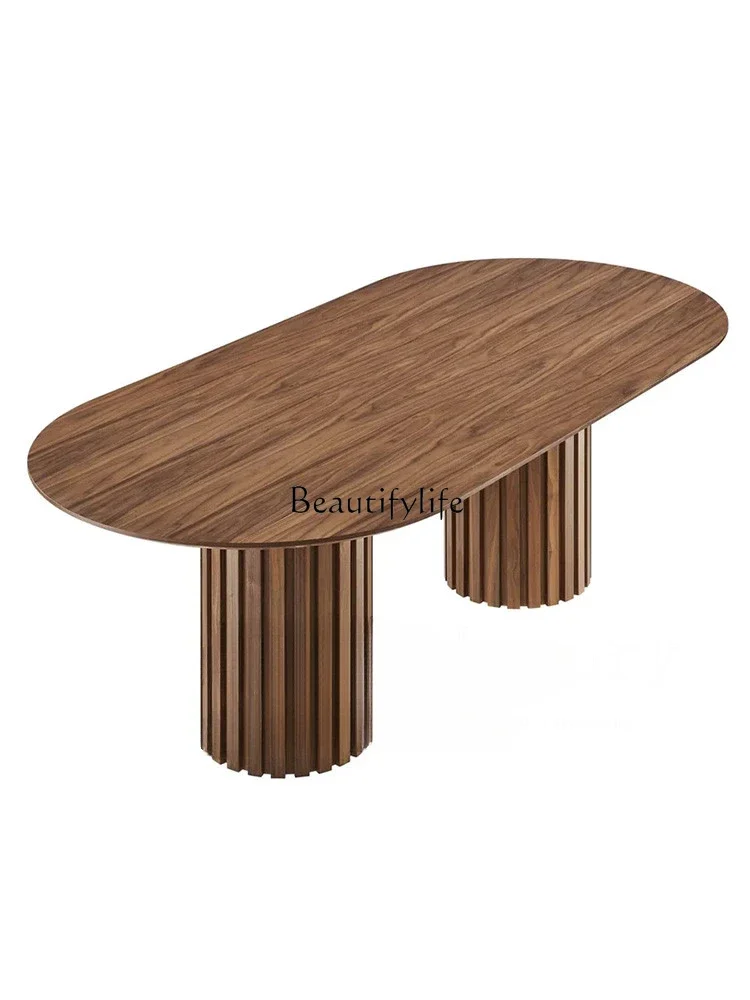 Italian minimalist North American black walnut solid wood oval dining table Nordic wabi