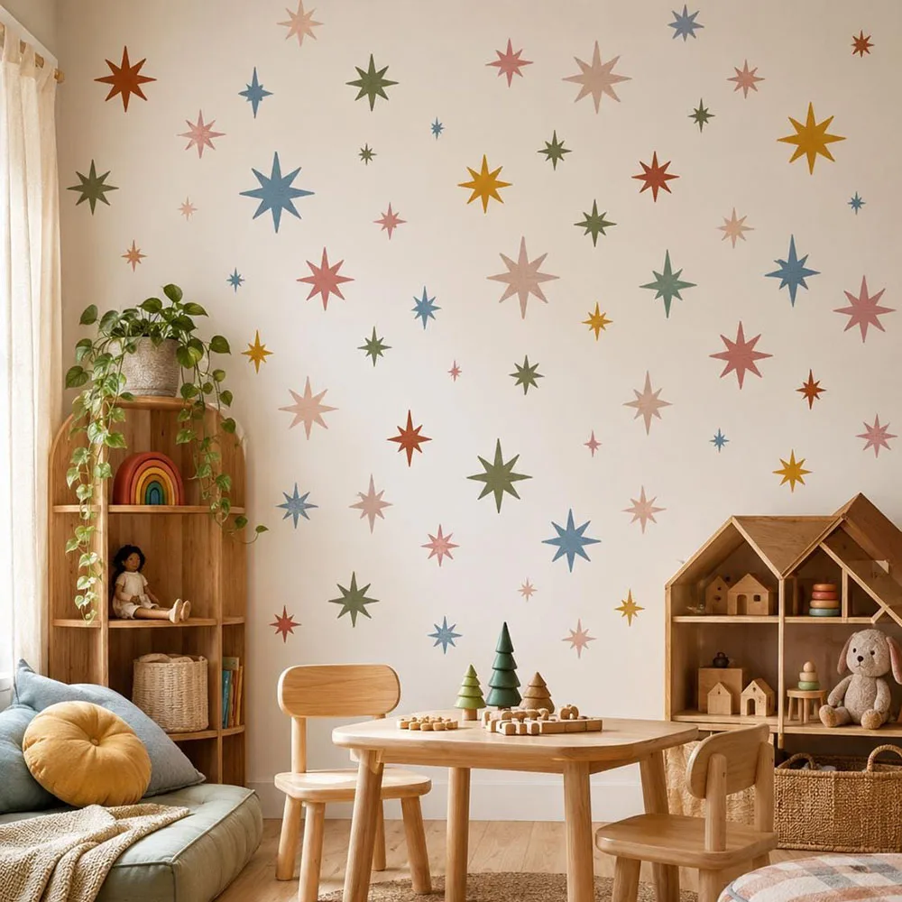 Boho Whimsical Star Wall Stickers Nordic Colorful Starburst Wall Decals Bedroom Living Room Playroom Home Wall Decor (2)