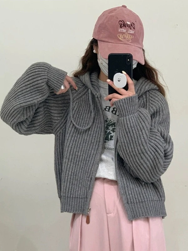

Korean Sle Zipper Knitted Hat Women's Sweater Lazy High ade Knitted Open Cardigan Brand Bule Autumn Winter Warmth