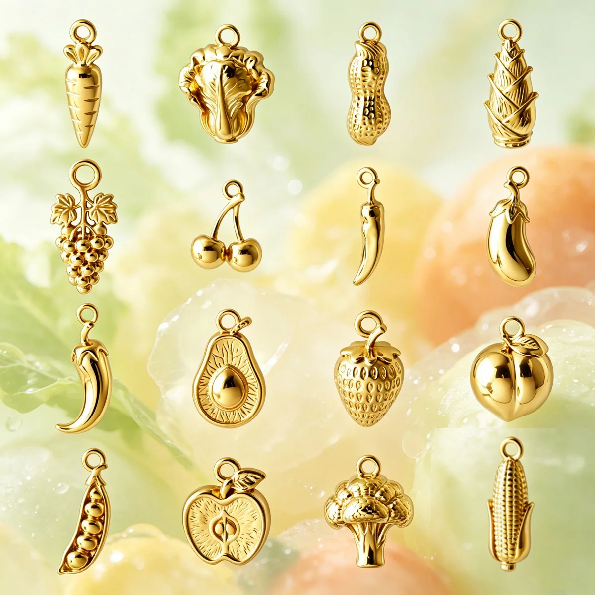 3D Vergoldete Edelstahl-Gemüse- und Obst-Anhänger: Paprika, Pfirsich, Bambus, Mango Charm-Perlen für Original-Armbänder DIY Schmuck