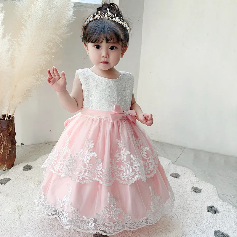 Lovely Lace Printing Layered Bow Princess Flower Girl Dress Wedding Party Ball First Communion Dresses Dream Kids Birthday Gift