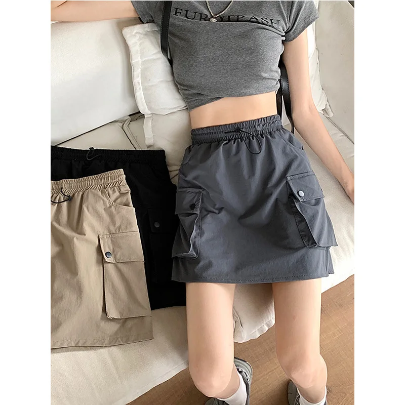 Drawstring Skirt Women's Casual Skirt Niche Slimming Gray Elastic Waist Skirt