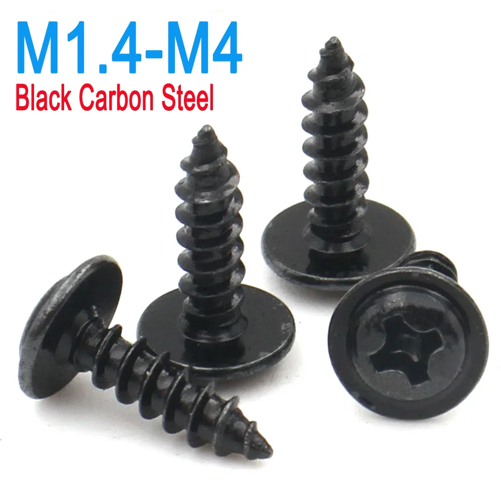 

M1.4 M1.7 M2 M2.3 M2.6 M3 M3.5 M4 Black Steel Small Mini Cross Phillips Round Head with Washer Self-Tapping Screw 50/100/200pcs