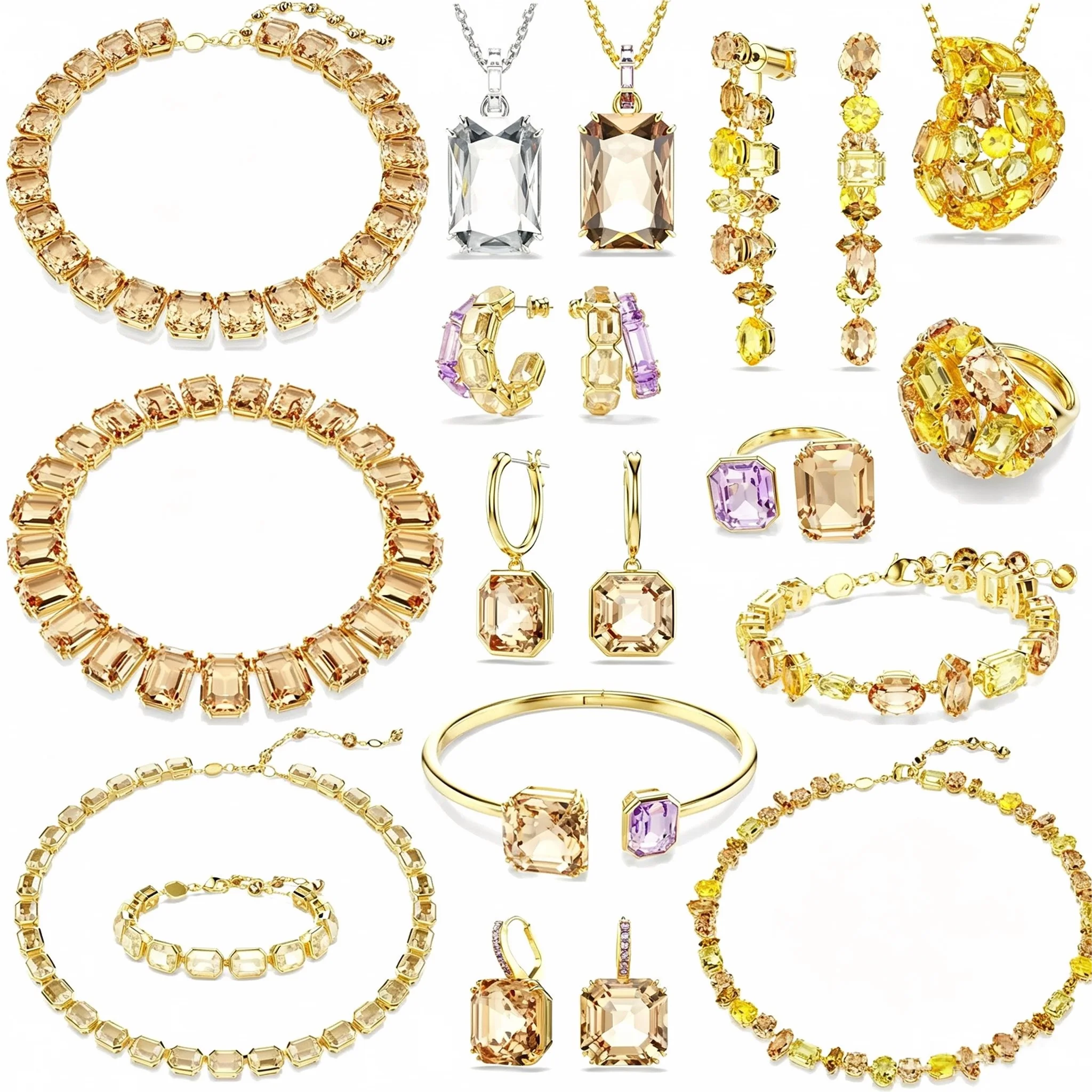 Caramel New Trend Anniversary Jewelry Sets Pendant Luxury Caramel Purple Crystal Necklace Earrings Bracelet Ring Gift for Women