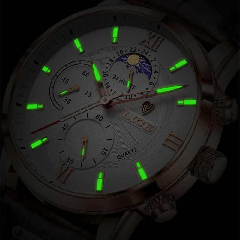 LIGE Fashion Brown Leather Watches For Men Casual Business Men Quartz Watch Waterproof Luminous 24 Hour Moon Phase Chronograph