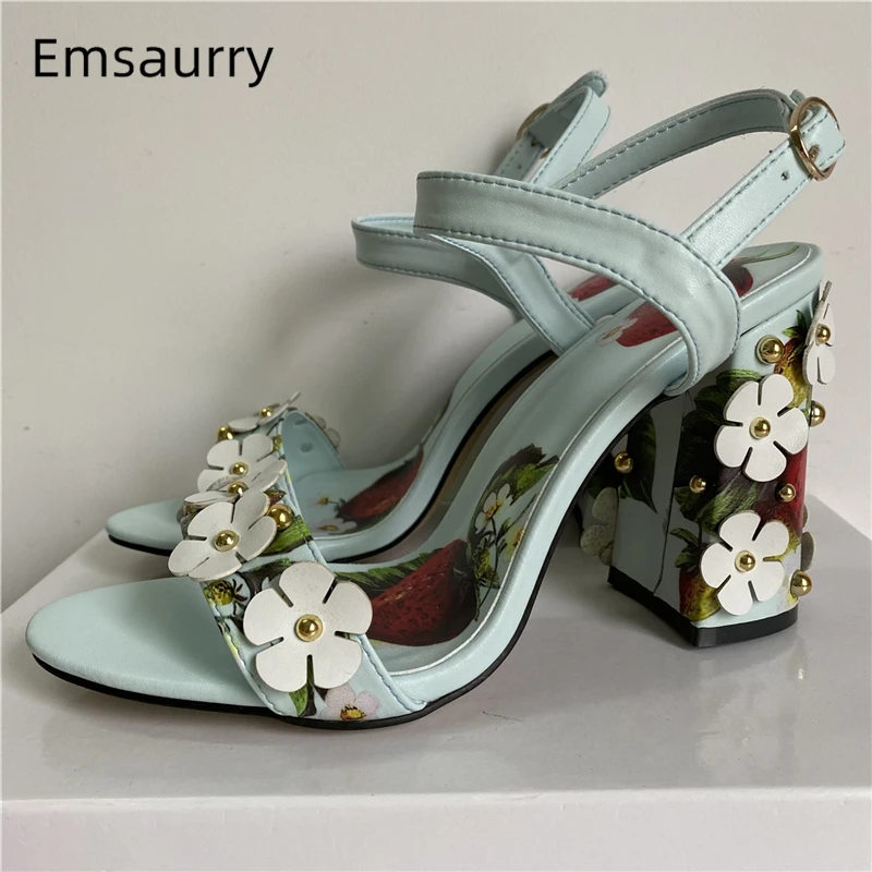 

Rivet Flower Decor Print Chunky Heel Sandals Women Genuine Leather Ankle Strap Concise Summer Shoes For Girls