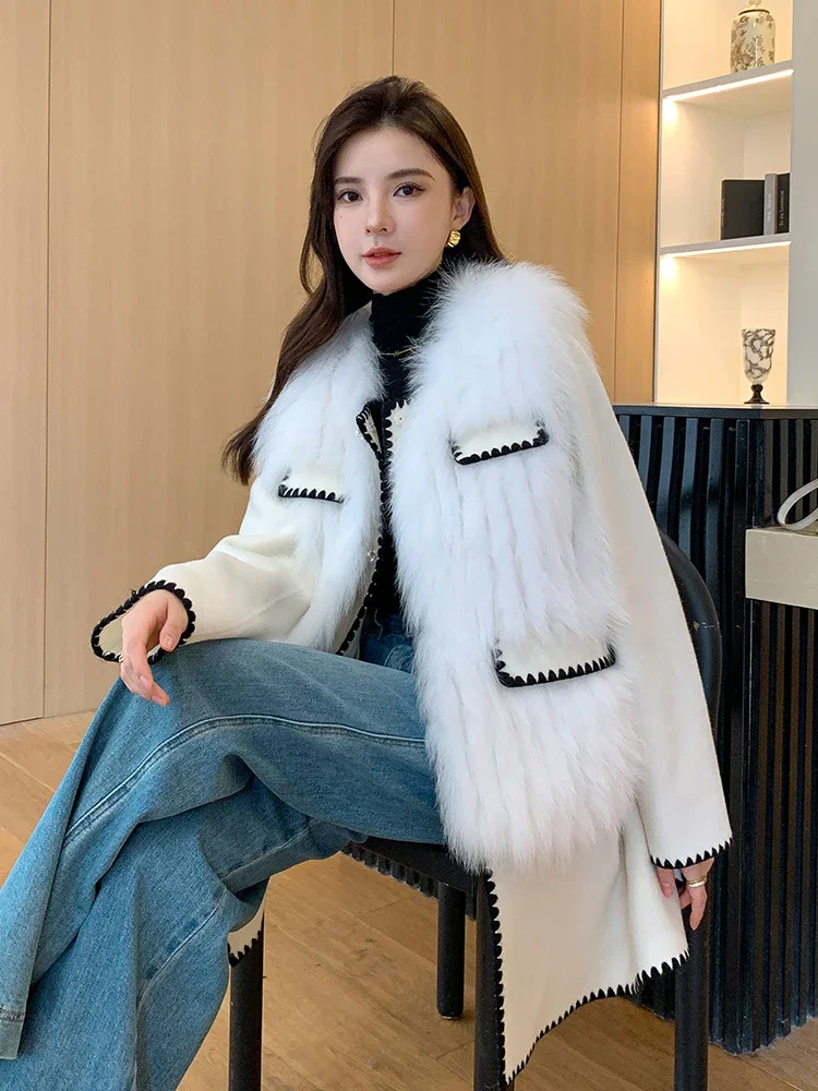 2024 New Real fur,New Classic Style handmade plush real Woolen Coat Double-Faced Woolen real fox fur Coat Pearl SI218