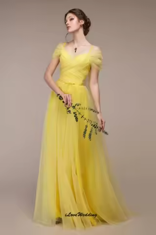 Bridesmaid Dress 2025 Lemon Yellow Wedding Party Dress For Woman Guest Chiffon Strapless V-Neck A-Line Evening Dress Customized