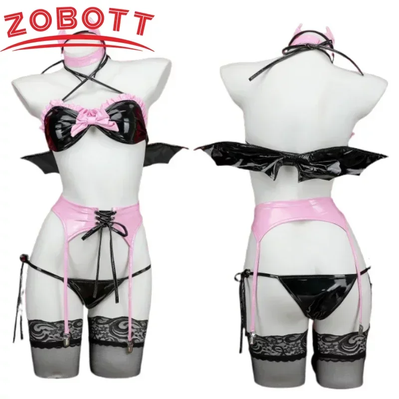 Lencería Sexy Hell Rider Succubus, trajes de juego de rol, conjunto de demonio Amine, disfraz de Cosplay de piel sintética, ropa interior hueca oscura para Halloween