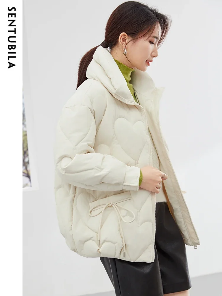 SENTUBILA Women Heart Graphic Parkas Jacket 2024 Winter Casual Puff Zipper Short Padding Warm Thick Cotton Coat Lady W44M58574X