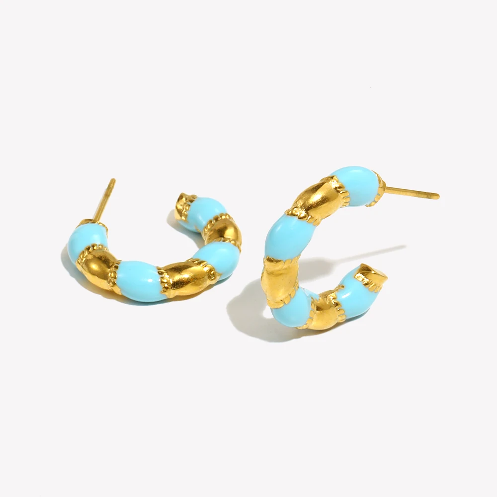 E.B.belle Classic Small C-shape Drop Oil Blue Earring Fashion Stainless Steel 18K Gold Plated Party Wedding Women Jewelry