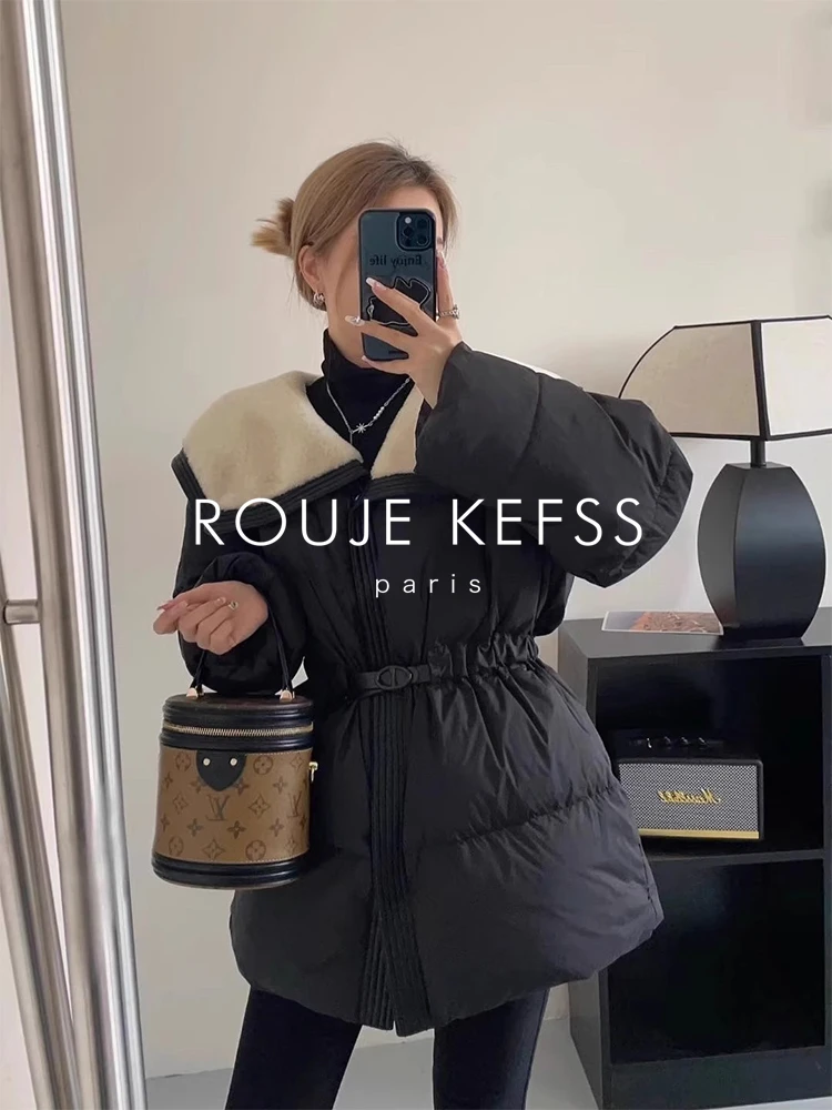 

Утепленная женская куртка ROUJE KEFSS средней длины с отложным воротником, подчеркивающая талию, теплая верхняя одежда, элегантная и модная