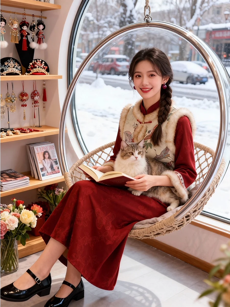 

Red Cisas Thiened Fce Young Sle Winter New Chinese National Faion Set Women's Long Sve Plant Floral Pattern