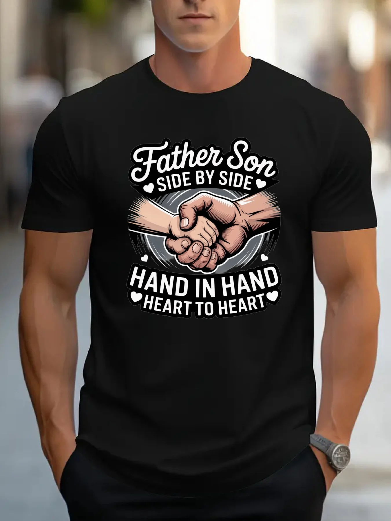 

Мужская футболка с круглым вырезом, черная Повседневная футболка с короткими рукавами и графическим принтом «Отец сына», дышащая летняя рубашка