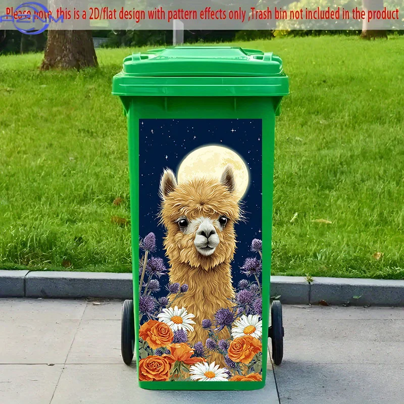 [2D Flat Printing] 1pc 2D Pattern Printed Kitchen Trash Can Sticker, X Cm Moonlit Alpaca Floral Landscape Theme Kitchen Home D