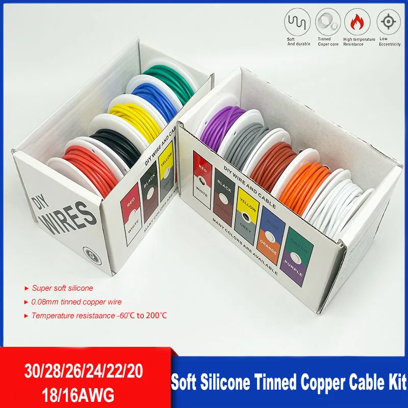 Heat Resistant Flexible Silicone Wire 30AWG 28AWG 26AWG 24 22  20AWG 18AWG 16AWG Stranded Tinned Copper Wire, 5 Colour Mixed Set