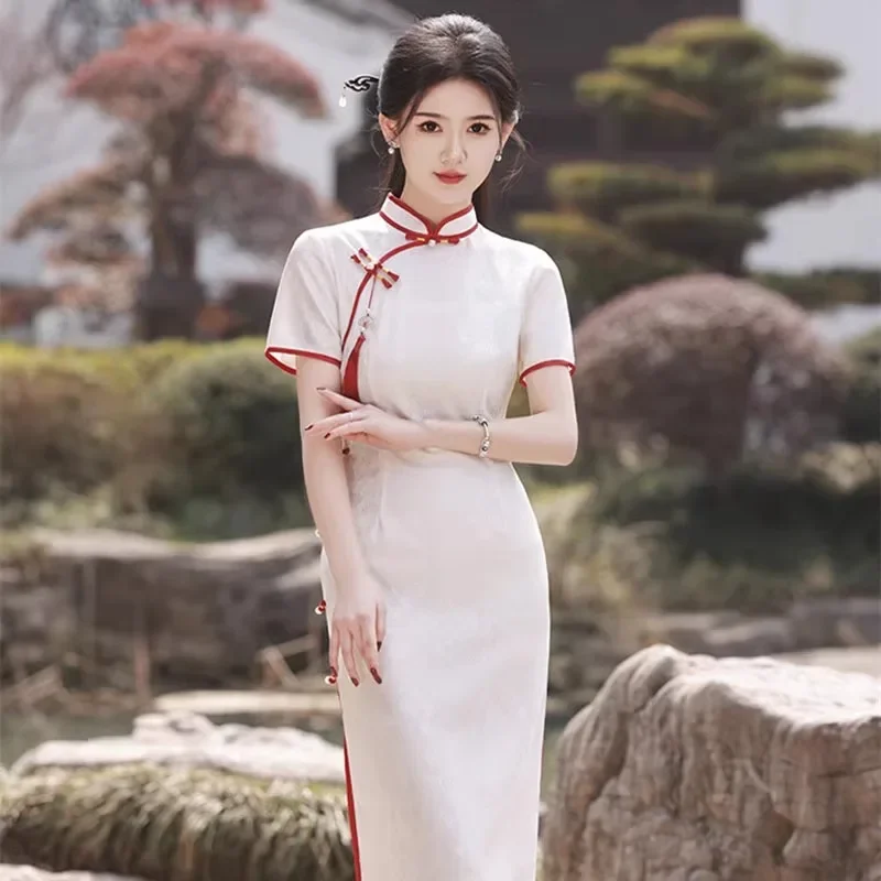 

Chinese Style Qipao White Traditional Cheongsam Vintage Classic Costume Dress Sexy Women Outfit Suit for New Year Day